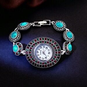 Vintage Silver with Turquoise Quartz Bracelet Watch Set For